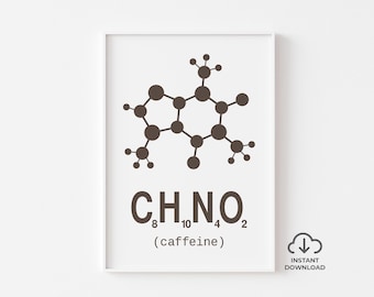 Cafeïnemolecuul kunst aan de muur – moderne wetenschap print – koffie chemie poster – koffieliefhebbers cadeau – instant download voor keuken of slaapzaal