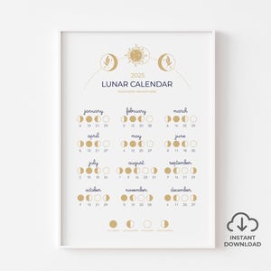 2025 Lunar Calendar Instant Download Print, NORTHERN HEMISPHERE Boho Style Moon Phase Calendar, Moon Phase Wall Art, Moon lover gift idea