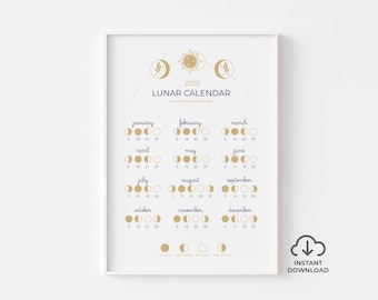 2025 Lunar Calendar Instant Download Print, NORTHERN HEMISPHERE Boho Style Moon Phase Calendar, Moon Phase Wall Art, Moon lover gift idea