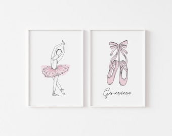 Ballet Prints, Personalised Ballet Shoes Wall Art, Ballerina in tutu, Girls room décor, Set of 2