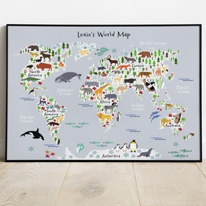Poster MY BLUE PLANET, carte du monde animal personnalisée, oeuvre d'art murale pour chambre d'enfant, décoration de chambre d'enfant, décoration de chambre d'enfant, idée cadeau nouveau-né, carte d'enfant