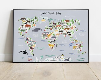 MY BLUE PLANET Poster, Personalised Animal World Map, Nursery Wall Art, Nursery Décor, Kids Room Décor, New Baby Gift Idea, Kid's Map