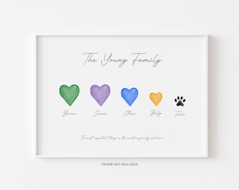 Personalised Our Family Print, Hearts Family Print, Customised Gift Idea, Family Dogs and Cat Portrait, Grandparents Gift, Our Family Sign