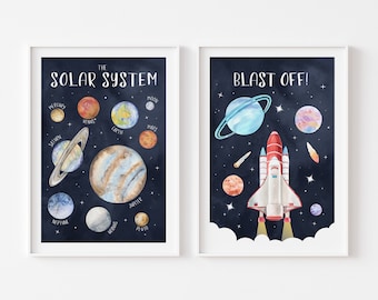 SPACE Prints, Dark Blue Background, Solar System Wall Art, Space Rocket Print, Planets Wall Art, Space Theme Room, Nursery Décor, Set of 2