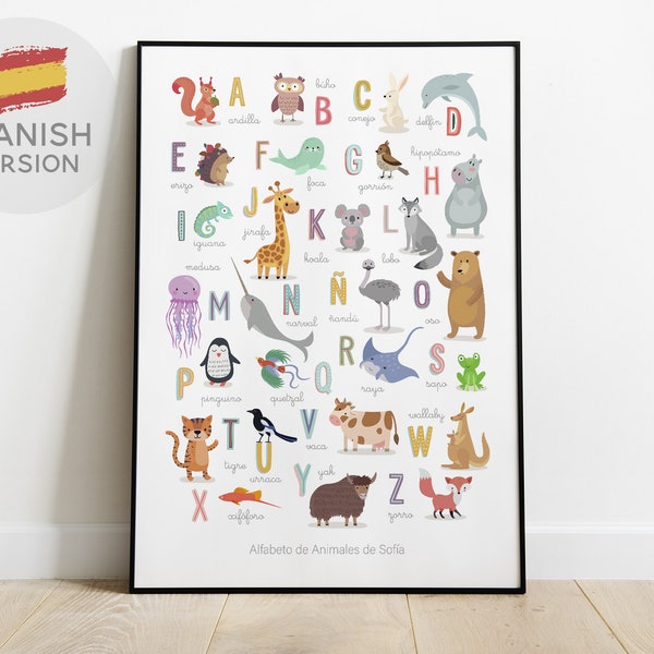 SPANISH Animal Alphabet, Personalised Animal ABC, Nursery Wall Art, Christening Gift, New Baby Gift, Nursery Décor, ABC Poster