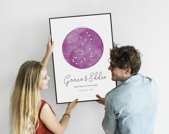 Zodiac Constellation Print for Couples,  Personalised, Star Sign Wall Art, Astrology Gift, Wedding, Engagement, Valentine's Day Gift