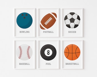 Könnte beinhalten: Sechs weiße Rahmen mit schwarzen Rändern, jeder mit einem anderen Sportball. Die Bälle sind Bowling, Fußball, Fußball, Baseball, Billard und Basketball. Die Namen der einzelnen Sportarten stehen unter dem Ball.