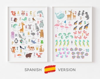 SPANISH ABC and Counting Poster Set, SPANISH Animal Alphabet and Numbers Print Set, Nursery Wall Art, Nursery Décor, , Kids Room Décor