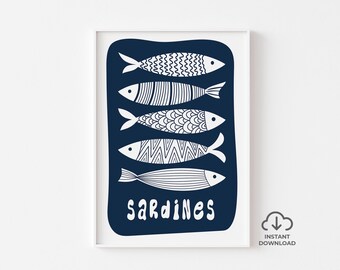 Sardines Wall Art Printable – Nautical Coastal Kitchen Decor – Bold Blue & White Fish Poster – Instant Digital Download Artwork