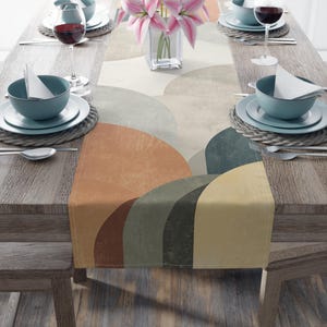 Runner da tavolo in stile moderno di metà secolo, decorazioni da tavolo geometriche retrò, runner da pranzo astratto anni '70, biancheria da tavola autunnale boho