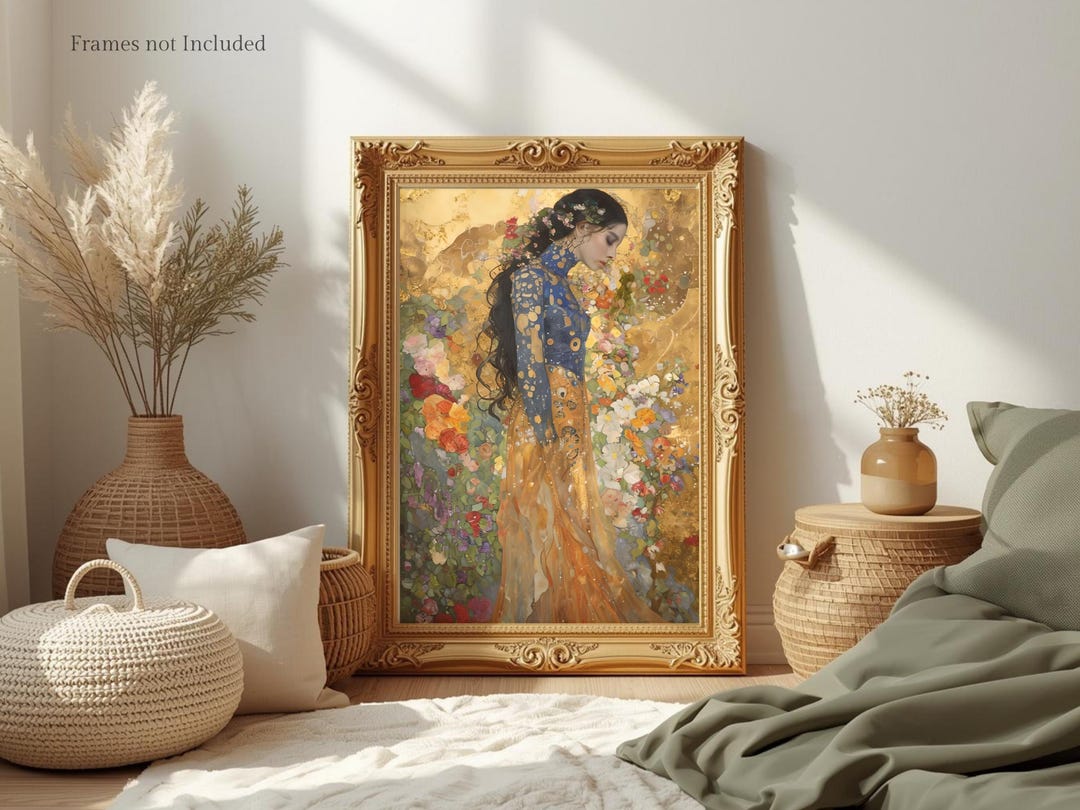Klimt Inspired Art Print, Elegant Woman, Floral Gold Wall Decor - Etsy