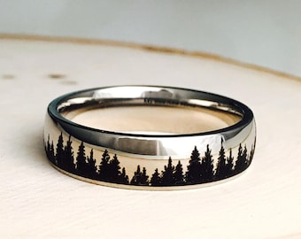 Forest Ring/Trees Ring/ Stainless Steel Ring/ Band(6mm width)/Personalized Engraved ring/Add text inside must selected out&inside