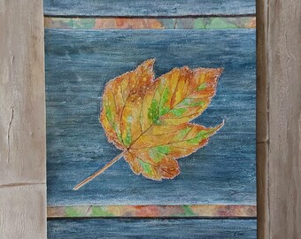 Autumn leaf settled on park bench painting