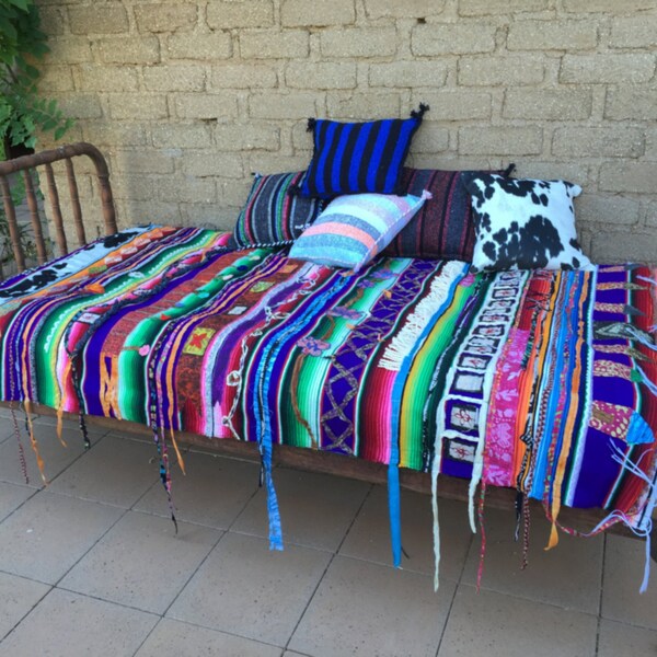 RESERVED FOR PAM Reinvented embellished Mexican serape blanket bed wall art beautiful bright hand made fabric remnants boho recycled shabby