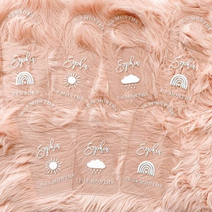 May include: Six clear acrylic baby milestone hangers with the name "Sophia" and different weather icons. The hangers are labeled with age ranges from newborn to 24 months.