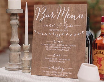Signo de menú de bar, menú de la barra de bodas, cartel del menú de la boda, boda del menú del bar, signo de la bebida de la firma, signo de la firma del cóctel de la firma signos de la boda de madera -cp