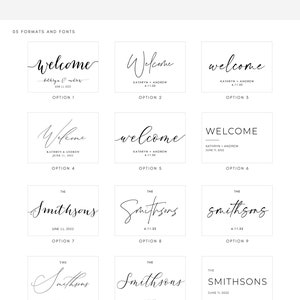 May include: A graphic showing 12 different options for a custom welcome sign. The options include different fonts and styles for the words "welcome" and "Smithsons".