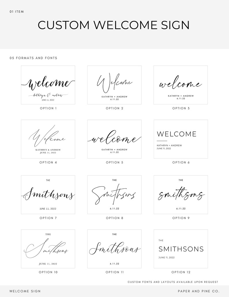 May include: A graphic showing 12 different options for a custom welcome sign. The options include different fonts and styles for the words "welcome" and "Smithsons".