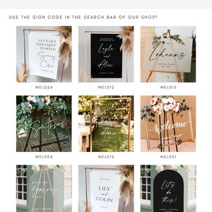May include: A collection of welcome signs for weddings and parties. The signs are made of acrylic and paper and feature different designs and text, including "Let's Get This Party Started", "Welcome to the Wedding of Layla and Alex", "The Smiths", "Welcome", "We're so happy you're here", "Lily and Colin", and "Let's do this!"