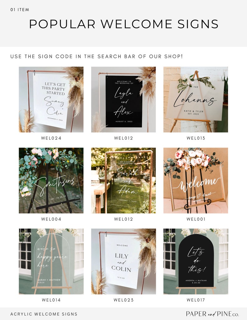 May include: A collection of welcome signs for weddings and parties. The signs are made of acrylic and paper and feature different designs and text, including "Let's Get This Party Started", "Welcome to the Wedding of Layla and Alex", "The Smiths", "Welcome", "We're so happy you're here", "Lily and Colin", and "Let's do this!"