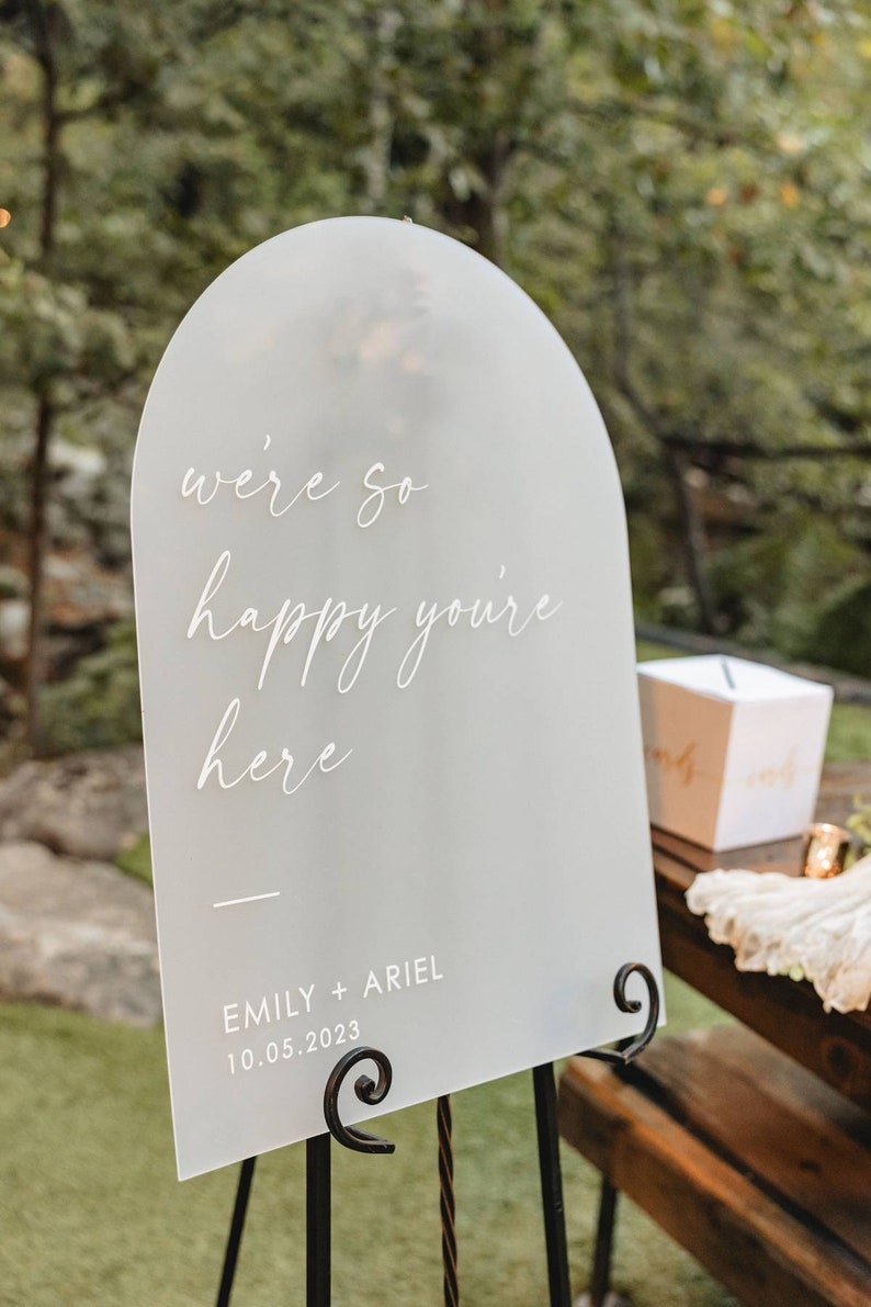 Wedding Welcome Sign, We're so happy you're here, Modern Wedding Sign, Arched Wedding Sign, Black Acrylic Sign, Lucite Wedding Sign WEL014 image 5