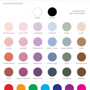 May include: A colour chart displaying 24 different paint colours for acrylic signs. The colours are arranged in rows and include white, black, nude blush, pale pink, lavender, powder, sage, nude, blush, quartz, periwinkle, dusty blue, sage water, khaki, terracotta, mulberry, amethyst, steel blue, jade, chocolate, clay, dusty orchid, eggplant, navy, emerald, bronze, red, orange, green, cyan, blue, purple, and magenta.