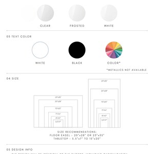 May include: A guide to creating acrylic signs with options for acrylic color, text color, and size. The sizes are listed in inches: 5.5"x7", 8"x10", 11"x14", 15"x20", 20"x28", and 23"x35".  The text includes the phrase "*METALLICS NOT AVAILABLE".