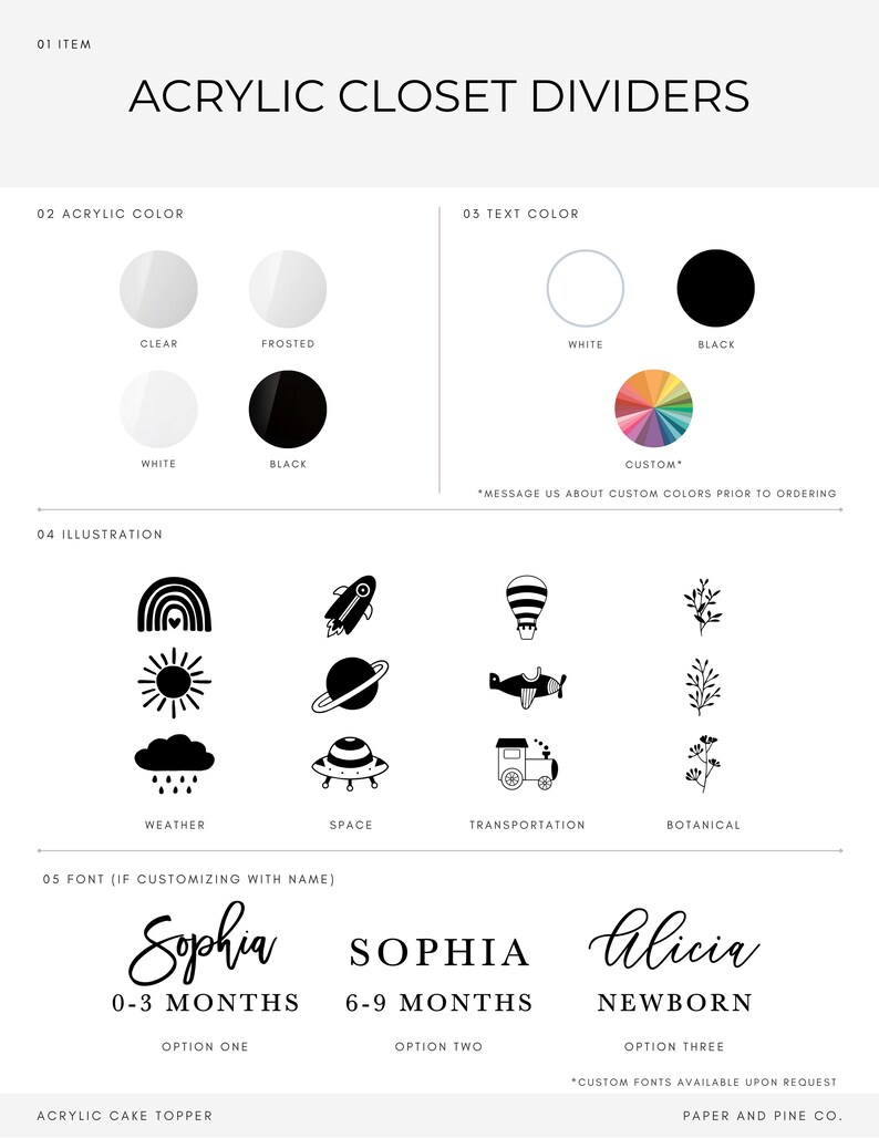 Pu&ograve; includere: Una guida per personalizzare i divisori per armadi in acrilico con diversi colori, illustrazioni e opzioni di font. Le illustrazioni includono temi meteorologici, spaziali, di trasporto e botanici. Le opzioni di font includono "Sophia" per 0-3 mesi, "Sophia" per 6-9 mesi e "Alicia" per neonato.