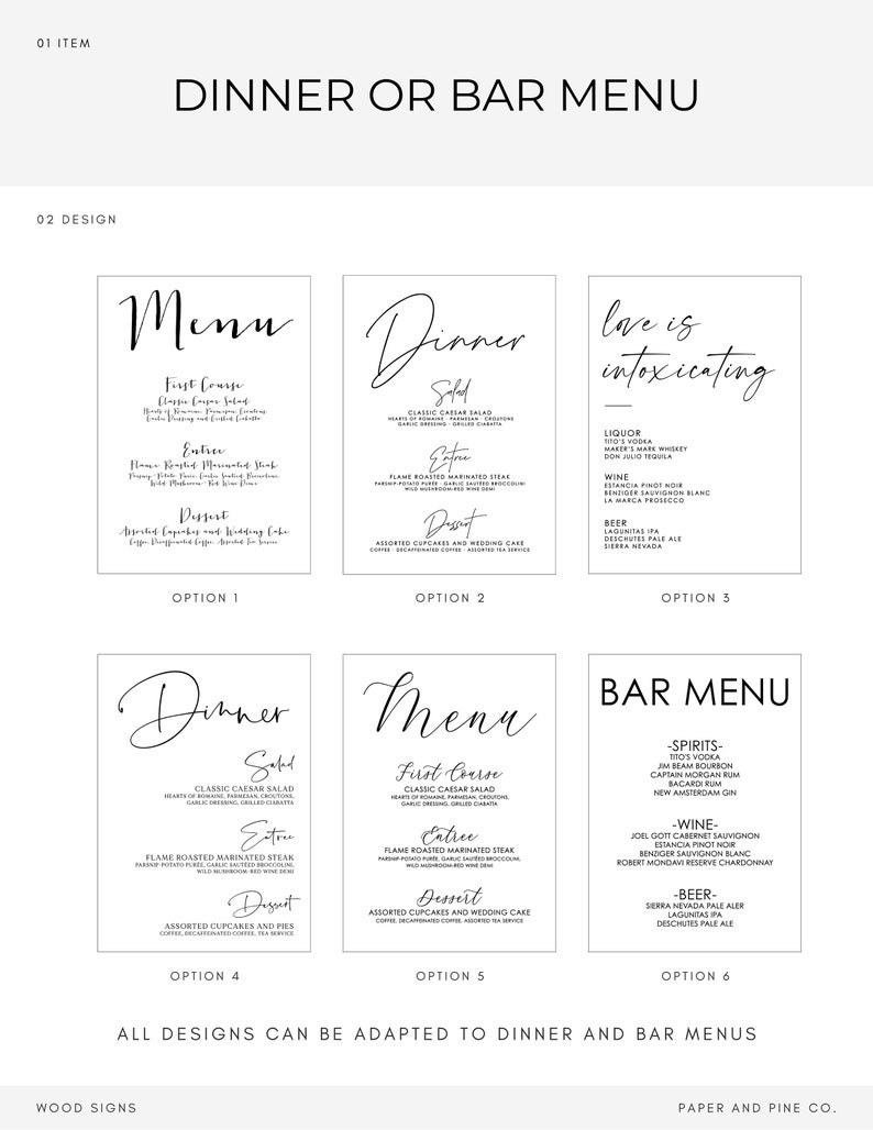 May include: Six different menu design options for a dinner or bar menu. The designs feature a black and white color scheme with a handwritten font. The text includes the words "Menu", "Dinner", "Bar Menu", "First Course", "Entree", "Dessert", "Spirits", "Wine", and "Beer".