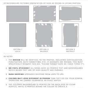May include: A guide to background patterns for painted acrylic signs. The guide shows three different patterns: solid, brushed, and abstract. The text includes notes about the design, vinyl stickers, rush shipping, colour variations, and additional information.