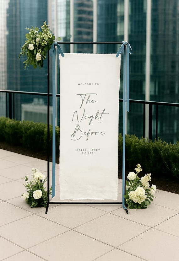 Linen Wedding Sign, Rehearsal Dinner Sign, Night Before Sign, Modern Wedding Decor, Personalized Fabric Ceremony Sign Hanging FAB004