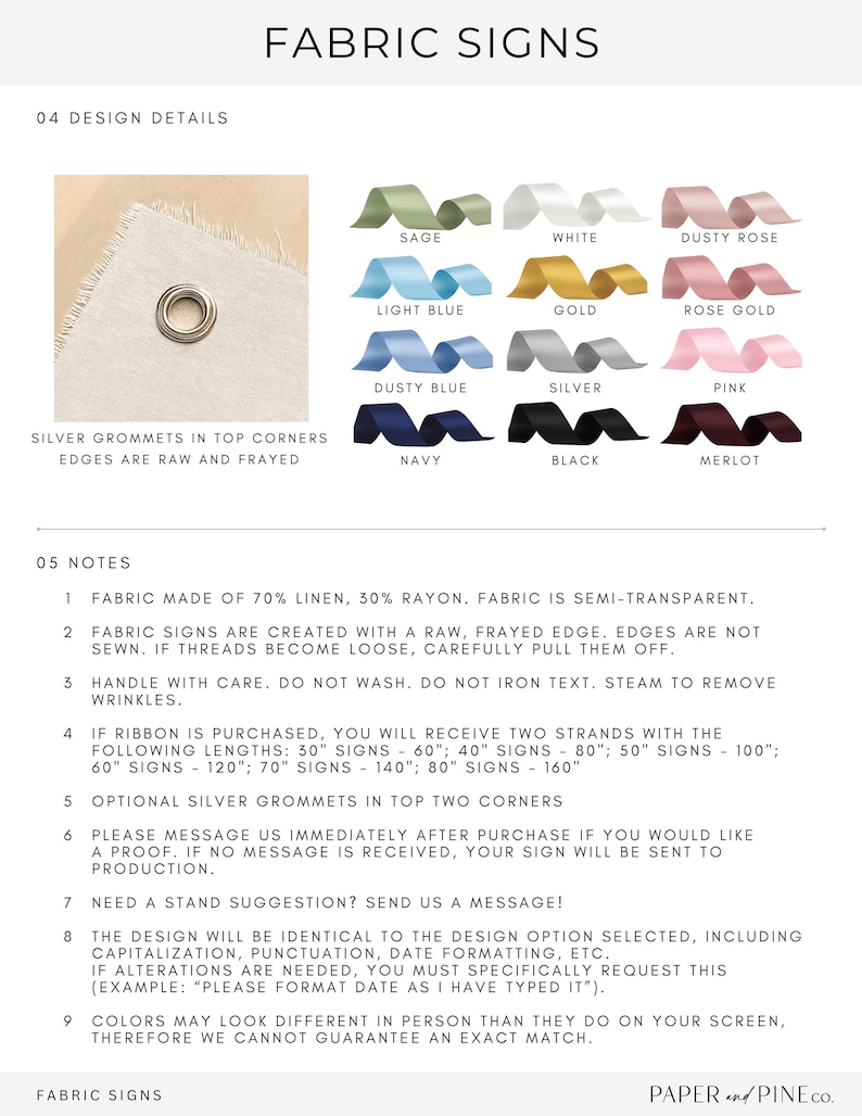 May include: Fabric signs with a variety of ribbon colors, including sage, white, dusty rose, light blue, gold, rose gold, dusty blue, silver, pink, navy, black, and merlot. The signs have silver grommets and raw, frayed edges. The text on the image says "Fabric Signs".