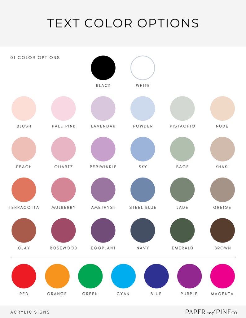 Puede incluir: Un gr&aacute;fico con 24 opciones de color diferentes para el texto en letreros de acr&iacute;lico. Los colores est&aacute;n dispuestos en filas y etiquetados con sus nombres, como negro, blanco, rubor, rosa p&aacute;lido, lavanda, polvo, pistacho, desnudo, melocot&oacute;n, cuarzo, periwinkle, cielo, salvia, caqui, terracota, mora, amatista, azul acero, jade, gris beige, arcilla, palo de rosa, berenjena, azul marino, esmeralda, marr&oacute;n, rojo, naranja, verde, cian, azul, morado y magenta.