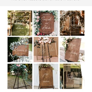 May include: Nine different welcome sign designs for weddings. The signs are made of wood and acrylic and feature calligraphy lettering. The signs are decorated with greenery and flowers.