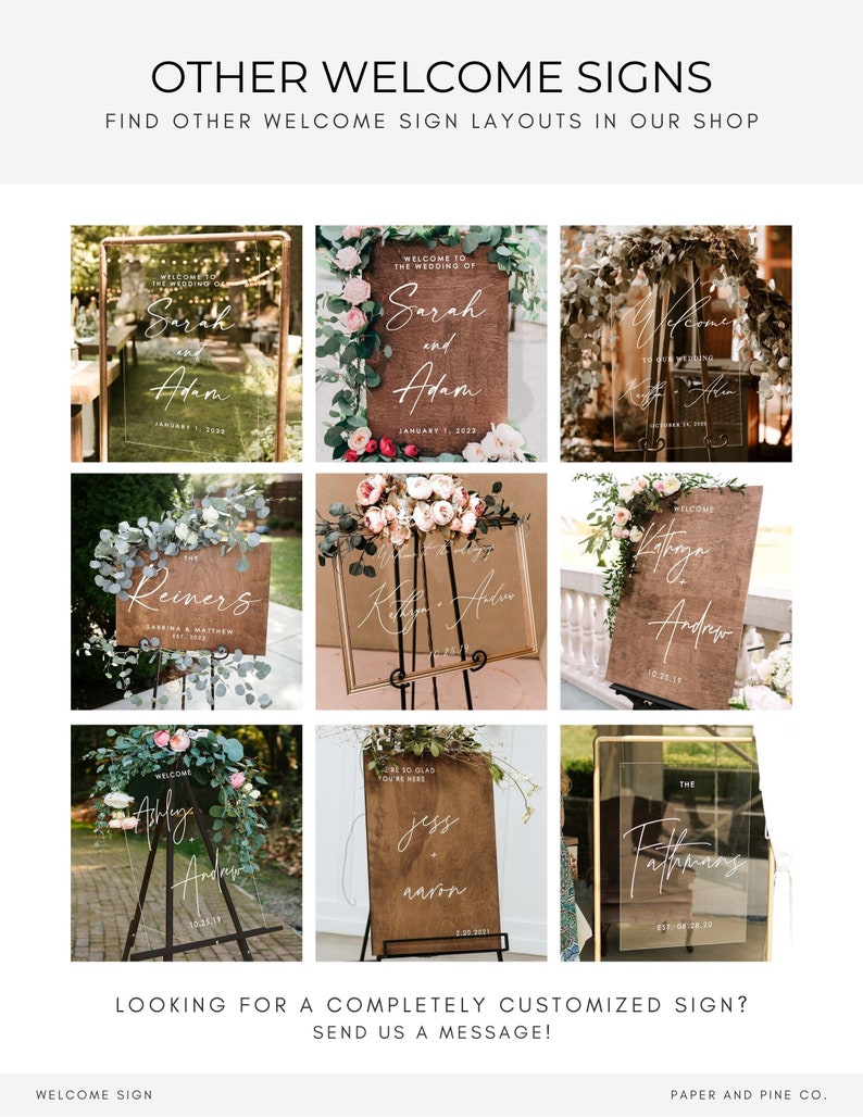 May include: Nine different welcome sign designs for weddings. The signs are made of wood and acrylic and feature calligraphy lettering. The signs are decorated with greenery and flowers.
