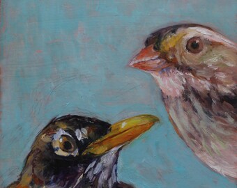 May include: A painting of two birds, one with a brown and orange chest and a black head, and the other with a white and gray chest and a yellow head. The birds are looking at each other against a light blue background.