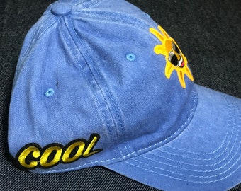 Blue Distressed Acid Wash baseball cap with Cool Sunshine patch