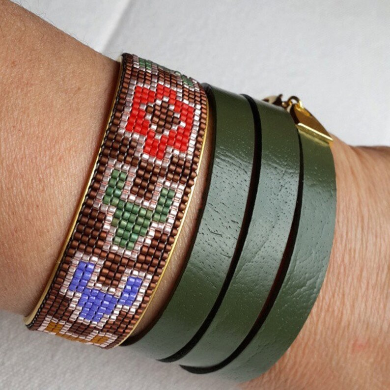 Green handcuff bracelet and leather combination Etsy