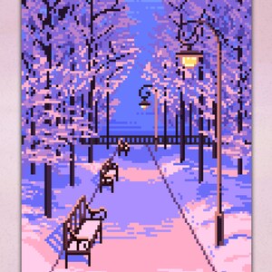 Snowy scenery pixel art - stampa | Poster carta opaca 8"x10" , 12"x16" , 12"x18"