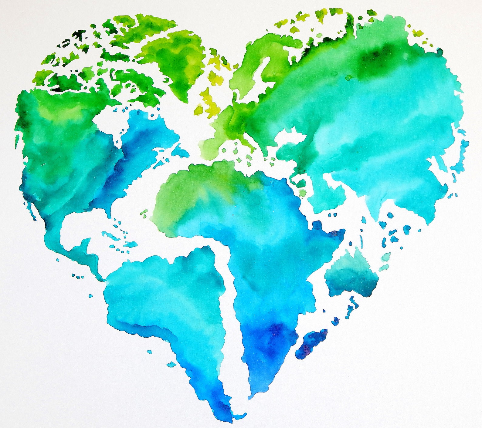 Original Watercolor Heart Shaped Map of the World Travel Etsy