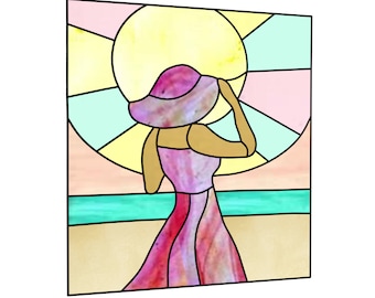 En la playa, patrón de vidrieras