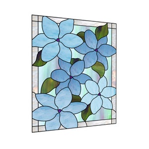 Stained glass pattern clematis flowers with frame