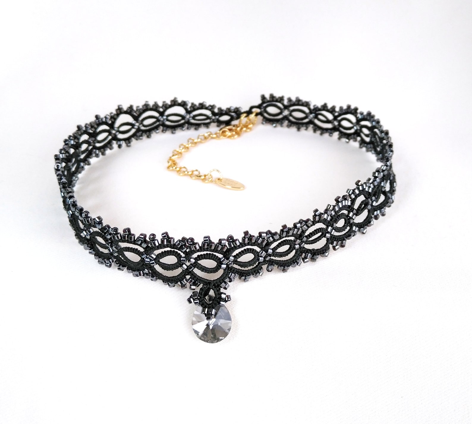 Black Lace Choker Necklace - Handmade Tatting With Crystal Teardrop - Etsy