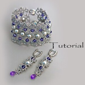 May include: A tatting lace bracelet and a pair of matching drop earrings featuring silver thread, white pearls, and purple crystals. The word Tutorial is printed in black text to the right of the jewelry set, which is arranged on a plain surface.