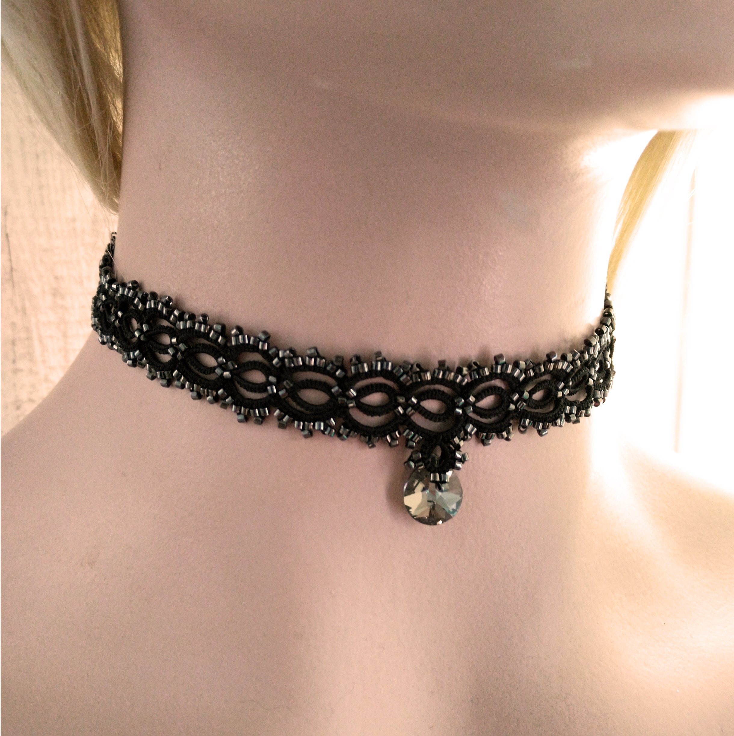 Girocollo In Pizzo Nero Con Ciondolo In Cristallo - Collana Gotica Per Donne E Ragazze, MIQIMIAO - 2