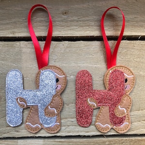 Decoración de árbol de Navidad con letra inicial de jengibre H, decoración con inicial H, etiqueta de regalo con inicial H, decoración con letra H, etiqueta de regalo con letra H