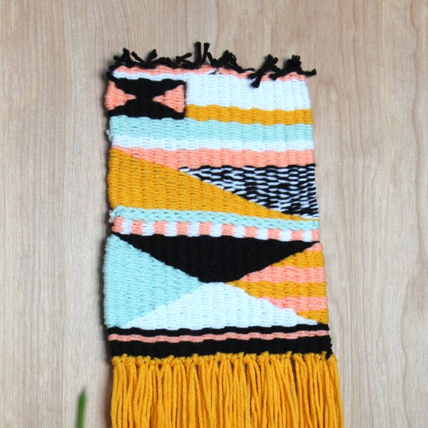 Woven Wall Hanging * Medium * Mint, Peach, Gold, Black & White