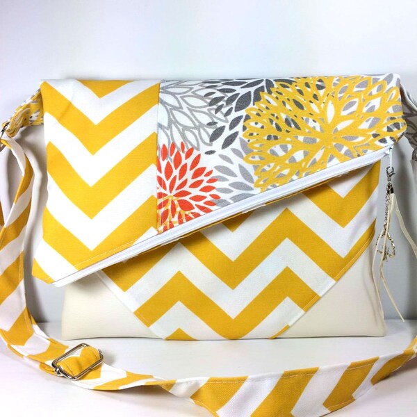Fold bag handbag Tote Chevron flowers yellow Faux Leather shoulder bag
