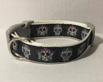 Gray Sugar Skulls Dog Collar
