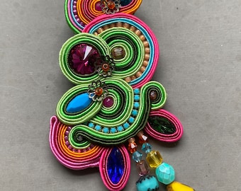 Multicolor Soutache Brooch Swarovski Large Boho Hippie!